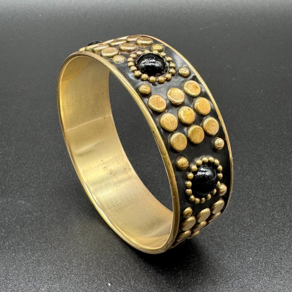 Vintage Brass Bangle Bracelet with Black Tourmaline Stones